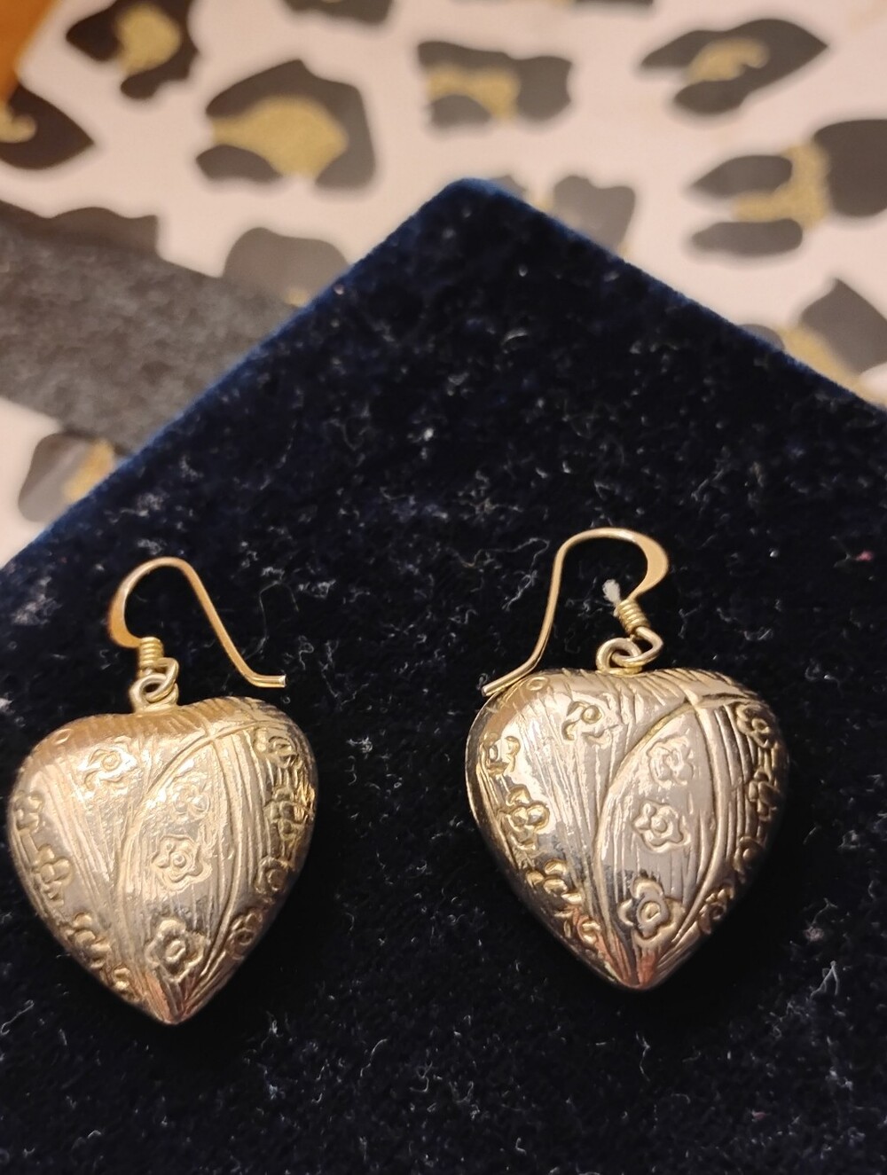 Gold-Tone Heart Drop Earrings with Floral Engraving